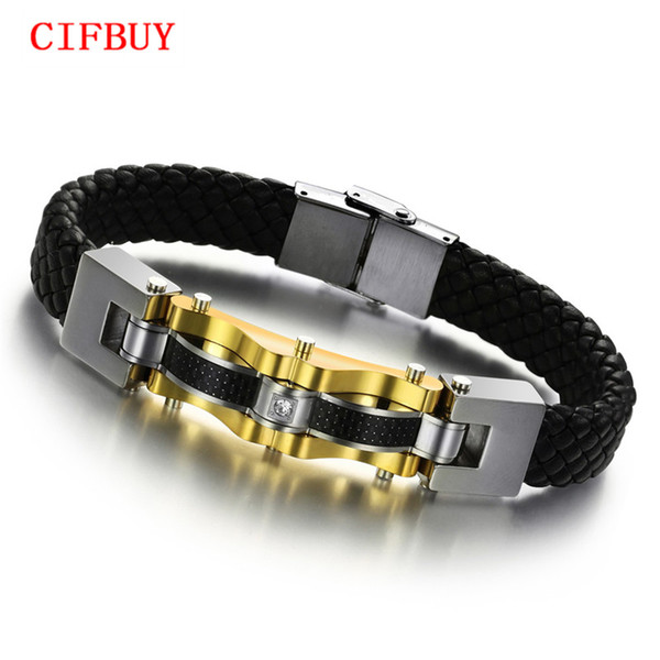 CIFBUY JEWELRY Luxury Genuine Leather Bracelet Bangle Man Gold Color 316L Stainless Steel Bracelet Jewelry With Carbon Fiber 809