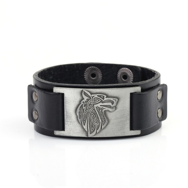 Lemegeton Factory Direct Wolf Head Charm Vintage Jewelry Geniune Leather Viking Designer Bracelet Metal Engraved Mens Bracelet