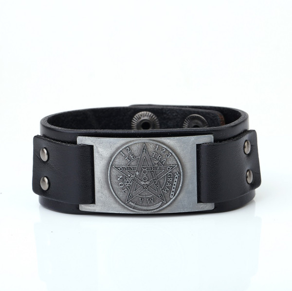 Lemegeton Factory Direct Pentagram Runes Round Wiccan Bangles Adjustable Viking Designer Bracelet Mens Leather Studded Bracelet