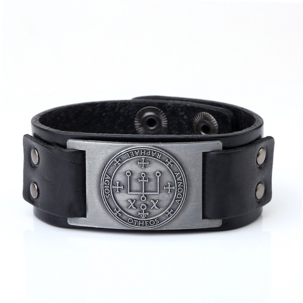 Lemegeton Black And Brown Sigil Of Archangel Raphael Enochian Mens Leather Bracelets Pagan Jewelry Vikings Designer Bracelet