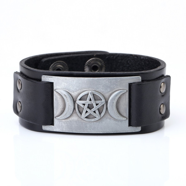 Lemegeton Triple Moon Goddess Wicca Bracelet Genuine Leather Designer Jewelry Snap Button Viking Style Mens Bracelet