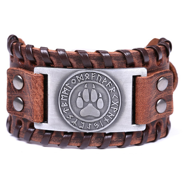 Lemegeton Wolf Claws Viking Bangle Nordic Runes Bear Paw Mens Wide Cuff Genuine Leather Bracelet Wiccan Braceletes Masculinos