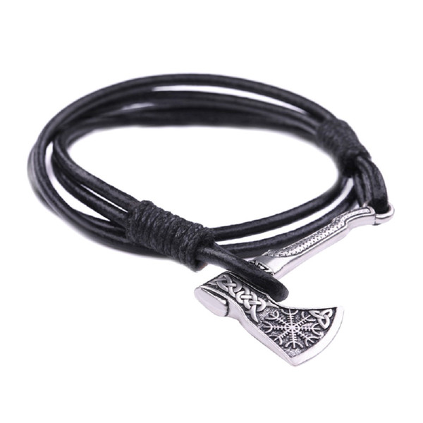 Lemegeton Norse Compass Axe Metal Engraved Pendant Bracelet Lucky Knot Braided Strap Genuine Leather Designer Jewelry Love Bracelet For Mens