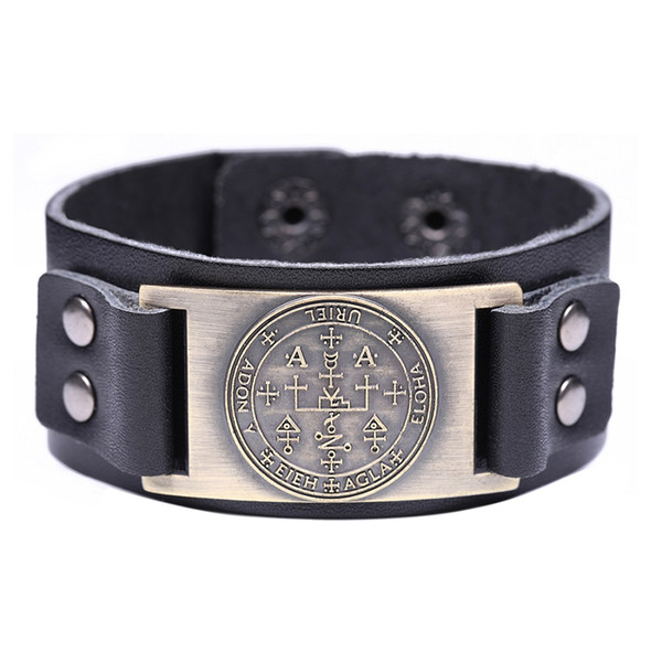 Lemegeton Black And Brown Keys Of Solomon Bangles The Sigil of Archangel Uriel Viking Style Mens Bracelet Genuine Leather Luxury Bracelet