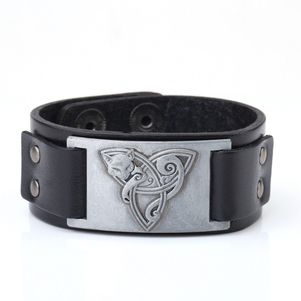 Lemegeton Viking Jewelry Fox Trlquetra Fenrir Animal Teen Wolf Trinity Faith Blessing Men Cuff Bracelets Genuine Leather Bracelet