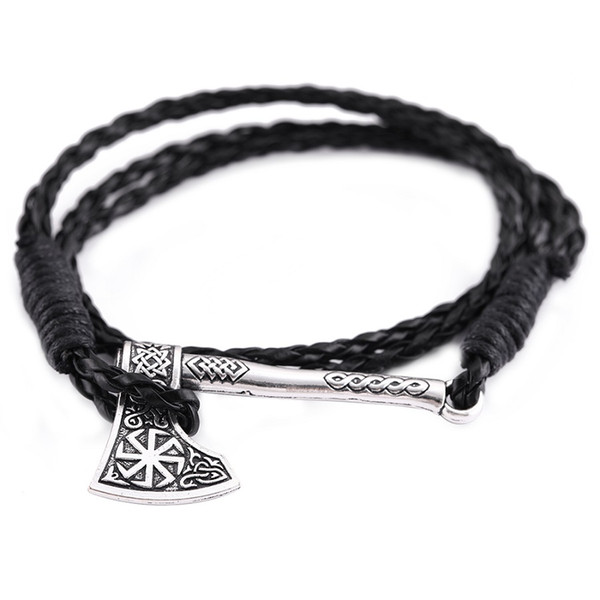 Lemegeton Factory Direct Sun Wheel Axe Shape Pendant Bracelet Double Layer Mens Genuine Leather Bracelets Viking Style Wiccan Jewelry