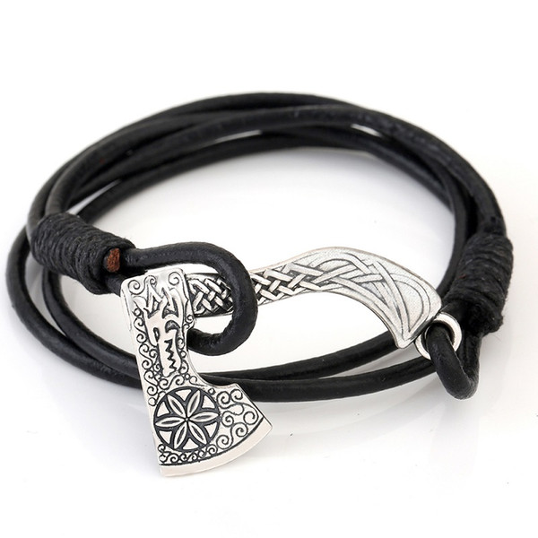 Lemegeton Chinese Dragon Totem Axe Pendant Royal Symbol Leather Chain Double Layer Genuine Leather Mens Bracelet Vikings Designer Jewelry