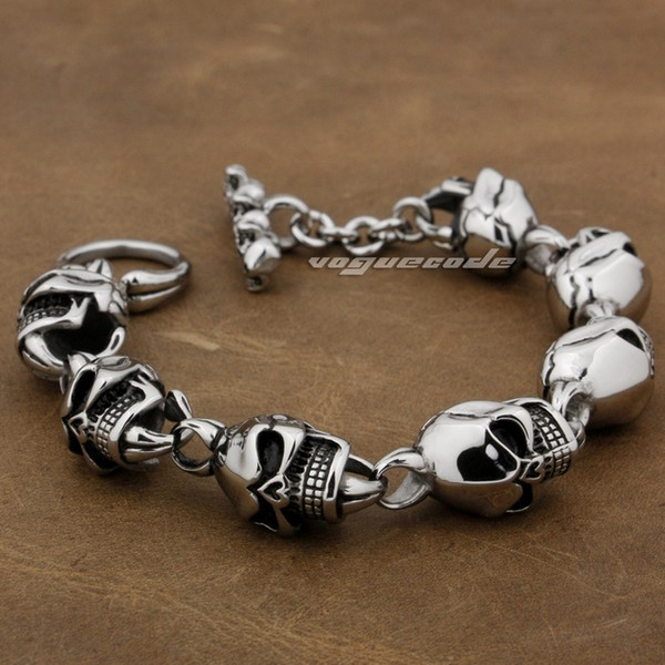 Various Lengths 316L Stainless Steel Mens Skull Biker Bracelet 5L018