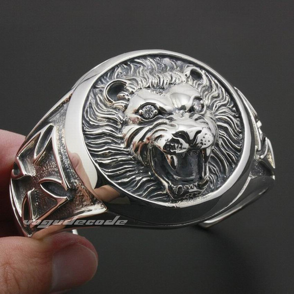 LINSION Huge Heavy Lion Knight King Cross 925 Sterling Silver Mens Bracelet Bangle 9A003