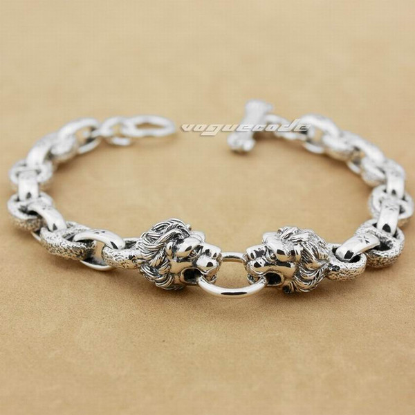 LINSION 925 Sterling Silver King Lion Bracelet Mens Biker Punk Chain 8G011