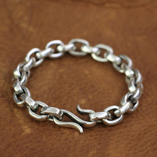 LINSION 925 Sterling Silver Fish hook clasp Mens Chain Biker Punk Bracelet TA140