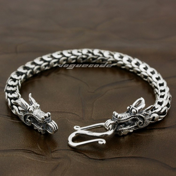 LINSION 925 Sterling Silver Handmade Dragon Chain Mens Biker Bracelet 8F003