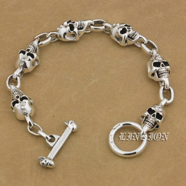 LINSION 925 Sterling Silver Handmade Skull Mens Boys Biker Rock Punk Bracelet 9N022