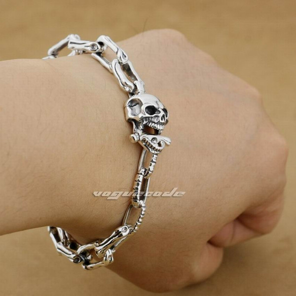 LINSION 5 Lengths 925 Sterling Silver Handmade Skull Bone Mens Biker Bracelet 8W008