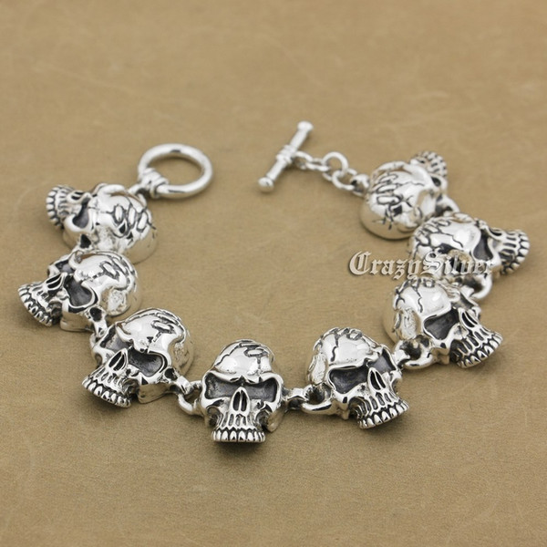 925 Sterling Silver Huge Skulls Mens Biker Rocker Punk Bracelet 8F013