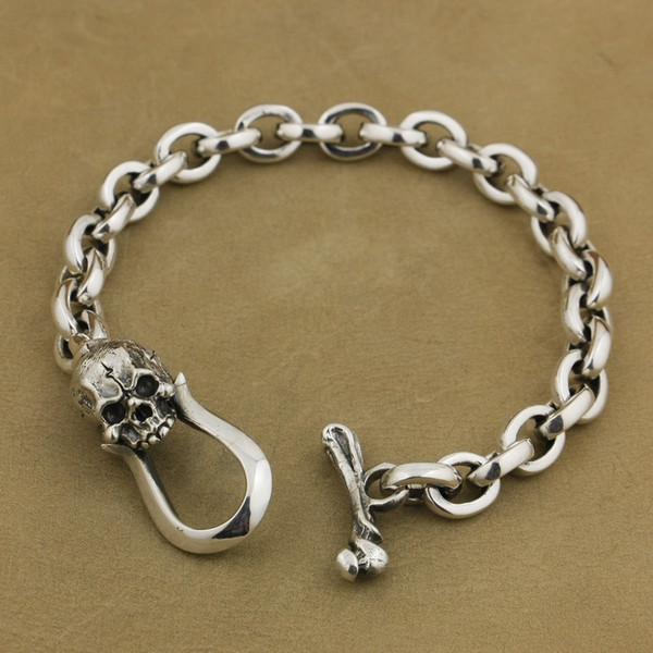 LINSION 925 Sterling Silver Skull OT clasp Mens Chain Biker Punk Bracelet TA42