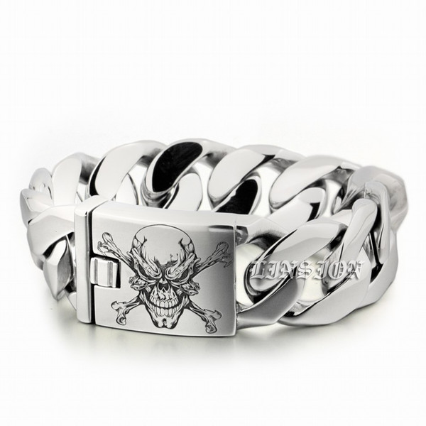 LINSION Huge Heavy 316L Stainless Steel Deep Engraved Pirate Skull Mens Biker Rock Punk Curb Link Bracelet 5C105