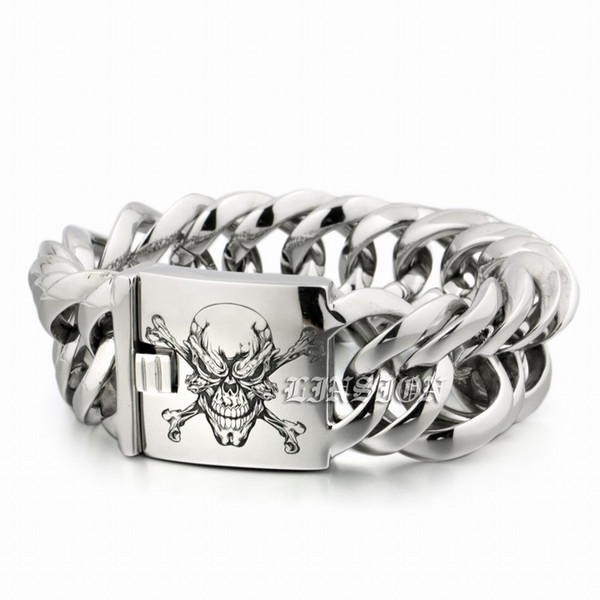 LINSION Deep Laser Engraved Pirate Skull Huge Heavy 316L Stainless Steel Mens Boys Biker Rock Punk Bracelet 5E117