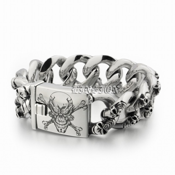 LINSION Huge Heavy 316L Stainless Steel Deep Laser Engraved Pirate Skulls Mens Boys Biker Rock Punk Bracelet 5F105