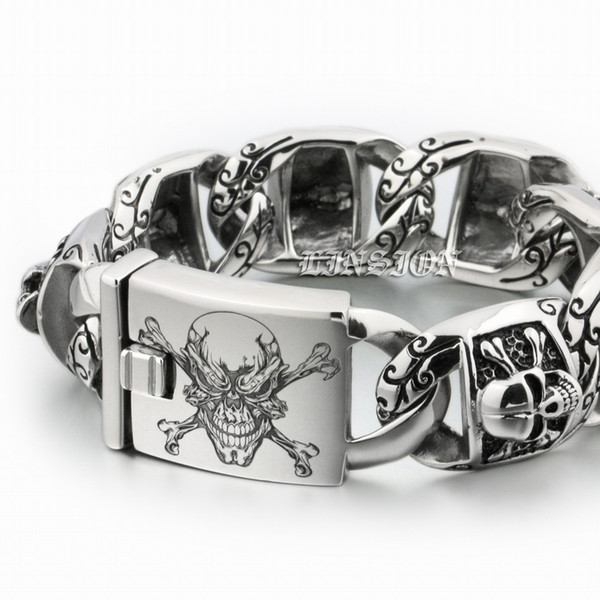 Huge Heavy 316L Stainless Steel Deep Engraved Pirate Skull Mens Biker Rock Punk Bracelet 5T102