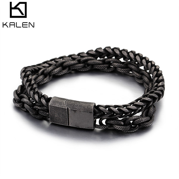 Mens Bracelets & Bangles 230MM Black Stainless Steel Heavy Men's Chain Double Link Bracelet Punk Rock Biker Jewelry Armbanden