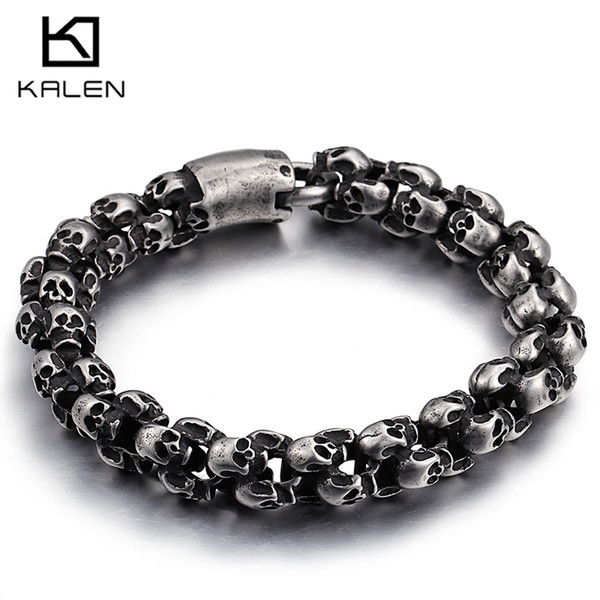 Punk 22.5cm Long Matte Skull Bracelets For Men Stainless Steel Brushed Skull Charm Link Chain Brecelet Male Gothic Jewelry