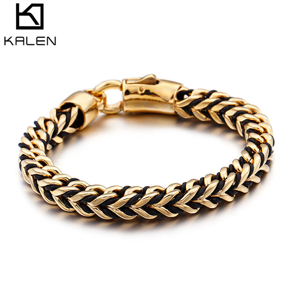 Men Bracelet 220MM Gold Titanium Chain + Black Leather Men's Fashion Jewelry Male 316 L Stainless Steel KALEN