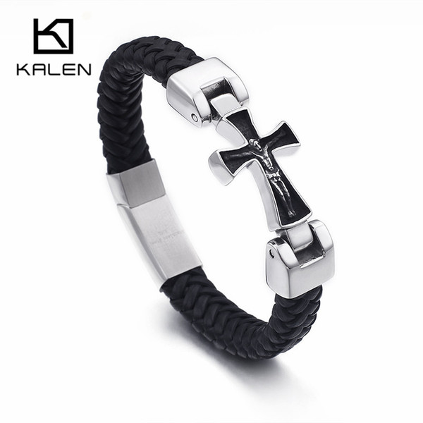 Cruz Bracelet For Men Male 22.5cm Black Leather Rope + Stainless Steel Christian Cool Bracelets KALEN