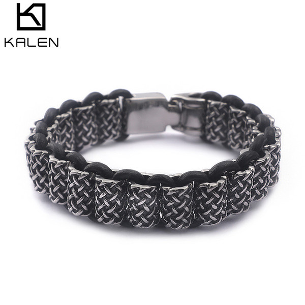 2018 220 MM Punk 316L Titanium Stainless Steel + Leather Rope Fashion Charm Bracelet For Men KALEN