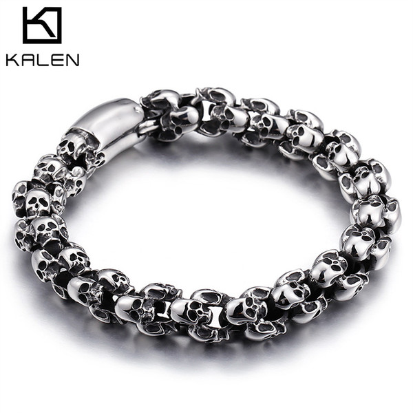 Kalen Punk 22.5cm Long Skull Bracelets For Men Stainless Steel Shiny Skull Charm Link Chain Brecelets Male Gothic Jewelry 2018