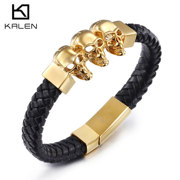 Men Bracelet Punk Jewelry 22cm Stainless Steel Italy Gold Silver Color Skull Charm Bracelet Gothic Rock Handmade Skeleton Leather