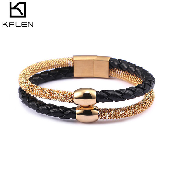 Bracelet Bracelets For Men 2018 Cool 215MM 316 Stainless Steel + Leather Charm Male's Fashion Jewelry KALEN