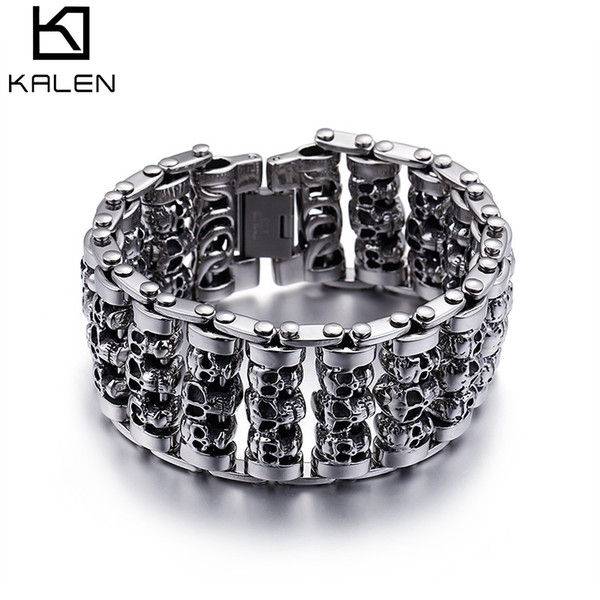 Bracelets For Men 220MM Punk 316 Stainless Steel Multiple Skull Heads Charm Biker Hand Chain Bracelet Drop Shipping Jewelry