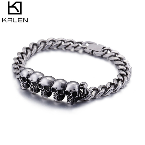 Bracelet Men's Skeleton Chain 220MM Punk Cool Silver/Gold Stainless Steel Skull Bracelets Men Jewelry KALEN