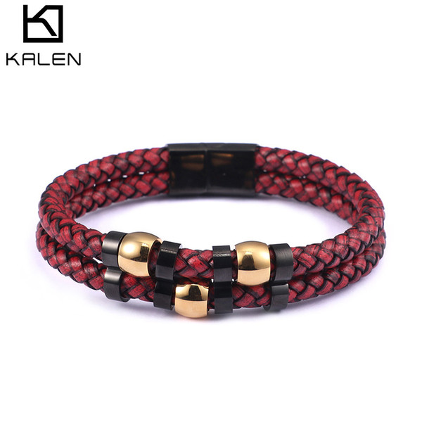 Bracelets For Men 220MM Top Quality 316 Stainless Steel + Red Leather Chain Bracelets Male Jewelry KALEN