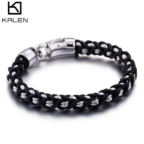 2018 220MM SS 304 Lobster Stainless Steel + Leather Rope Running Bracelet For Men Sports Top Jewelry KALEN