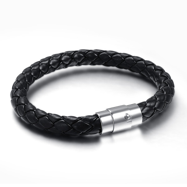 ORSA 2017 New Fashion Jewelry Black Braided Leather Bracelet Men Stainless Steel Bracelets Free Shipping OTB08