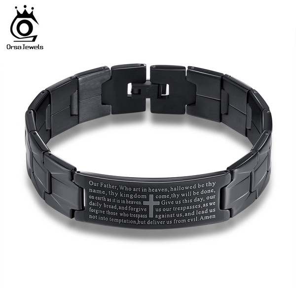 Orsa Jewelry Cross Pattern Stainless Steel Bracelet in Black Color Scripture Religious Wristband Bracelet Fashion Accessories GTB57