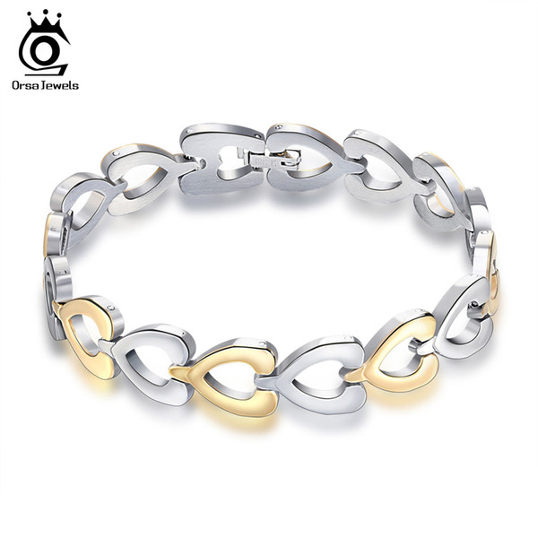 Orsa Jewelry Heart Link Style Stainless Steel Bracelet Charm Bracelet for Men Woman with length 21cm GTB63