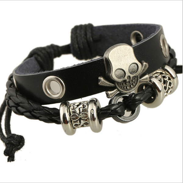 Fashion Charm Bracelets Handmade Skull Charm For Men Multilayer Infinity Alloy Beads Wide Black Leather Bracelets Jewelry