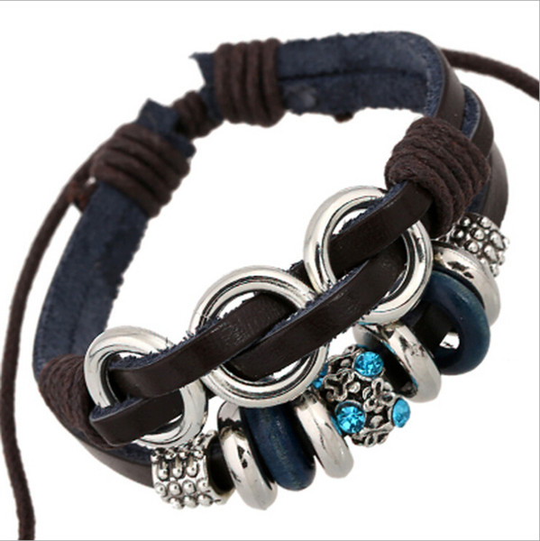 Fashion Charms Bracelets Infinity Multilayer Handmade Blue Rhinestone Alloy Circle Leather Bracelets For Men Jewelry Wholesale