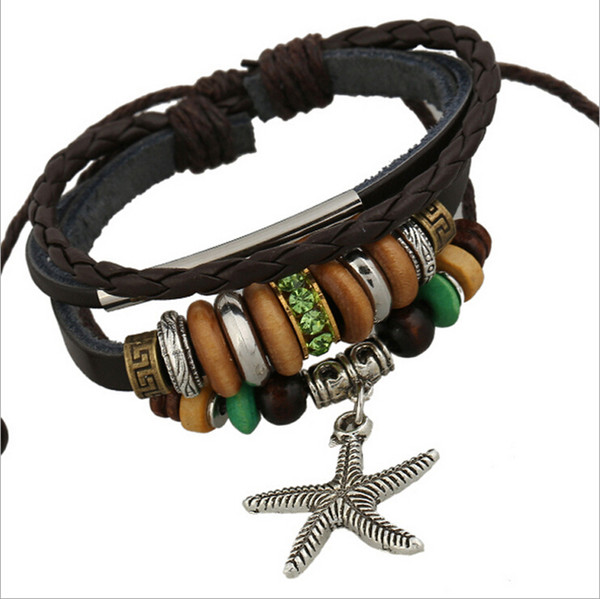 Fashion Starfish Charms Bracelets Infinity Wooden Beaded Green Rhinestone Alloy Circle Leather Bracelets For Men Jewelry