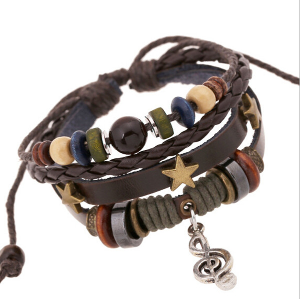 DIY Fashion Handmade Charms Bracelets Cowboy Punk Style Wooden Beads Music Score Pendants Leather Bracelets For Men Jewelry