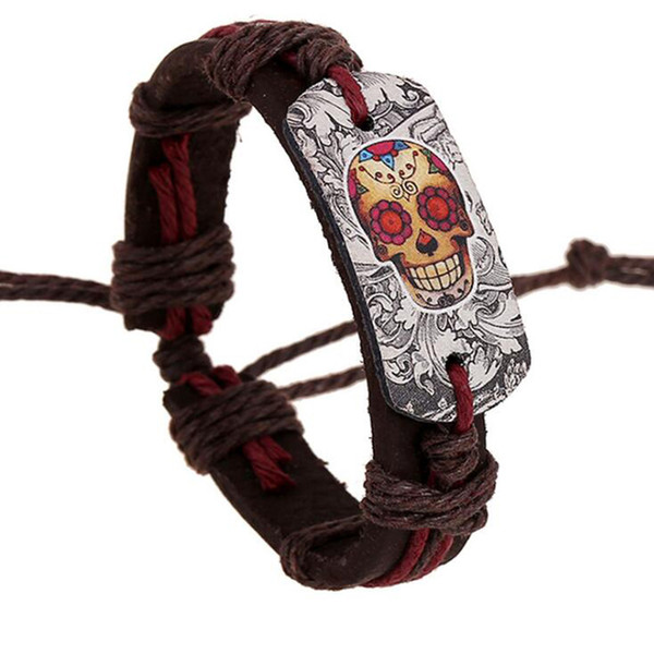 JINGLANG Link Bracelets Fashion Color Skull Pattern Infinity Handmade Weave Leather Bracelets For Men Jewelry Wholesale