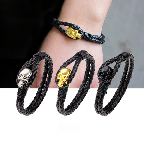 Europe And The United States Simple Leather Braided Bracelet Korean Version Of The Steel Skull Head Buckle Men Bracelet Jewelry Wholesale