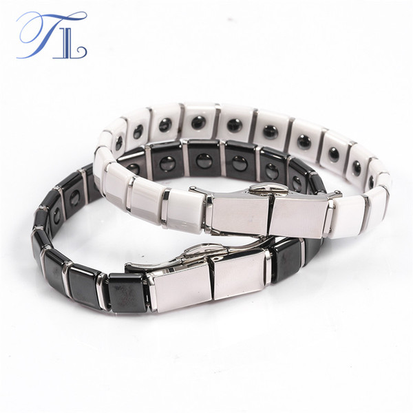 TL Black&White Ceramic Health Element Bangle Bracelets Stainless Steel Buckle Inlay Hematite Element Healing Ceramic Bracelets