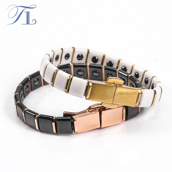 TL Stainless Steel Black&White Ceramic Health Element Bangle Bracelets Inlay Hematite Element Luxury Ceramic Hologram Bracelets