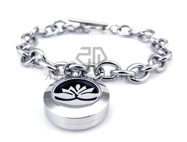 Round Silver Lotus (20mm) with Stainless Steel Circle Band Magnetic Aromatherapy Locket Essential Oils Diffuser Locket Bracelet Jewelry