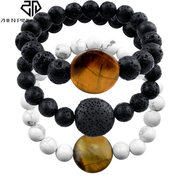 Men's Black Handmade Natural Lava Beads Tiger Eyes Stone Bracelets Essential Oil Aroma Clay Lava Stone Diffuser Bracelet