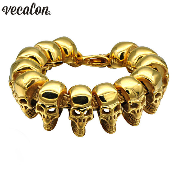 Vecalon Vintage 316L Stainless Steel Bracelet 22cm Big Heavy Gold Men's Skeleton Skull bracelet Ghost bangle Biker Punk Jewerly